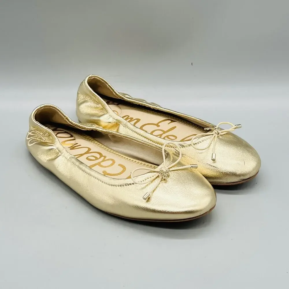 Sam Edelman Shoes Girls 4 Gold Metallic Ballet Flats Bow Slip On Dressy Casual